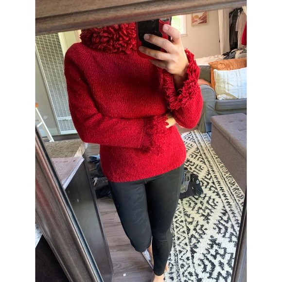 Gorgeous holiday lana wool red fringe turtleneck sweater boutique Christmas - Picture 10 of 11